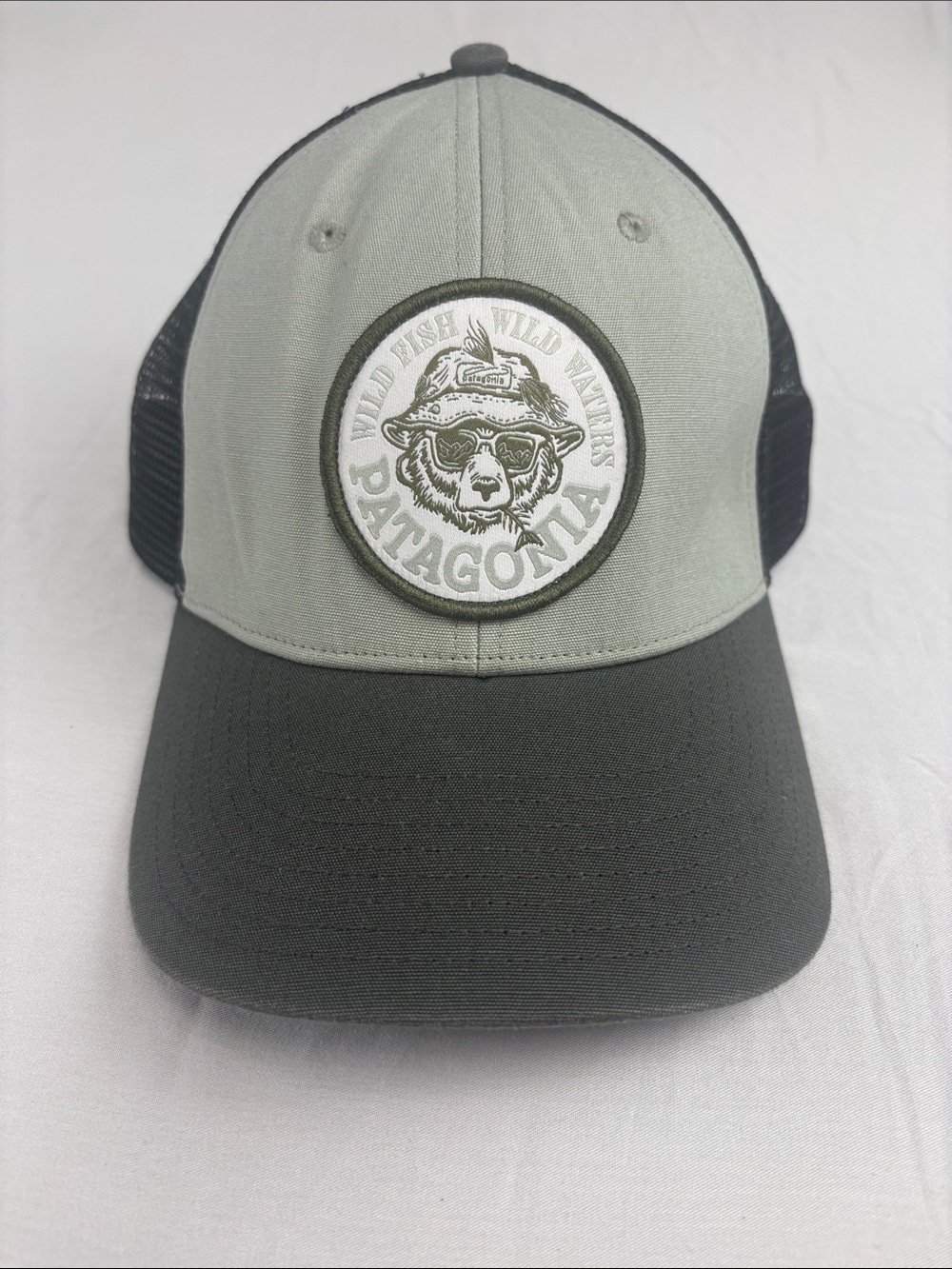 Patagonia Trucker Take a Stand Grey Wild Fish Wild Waters Adjustable Hat w/ bear